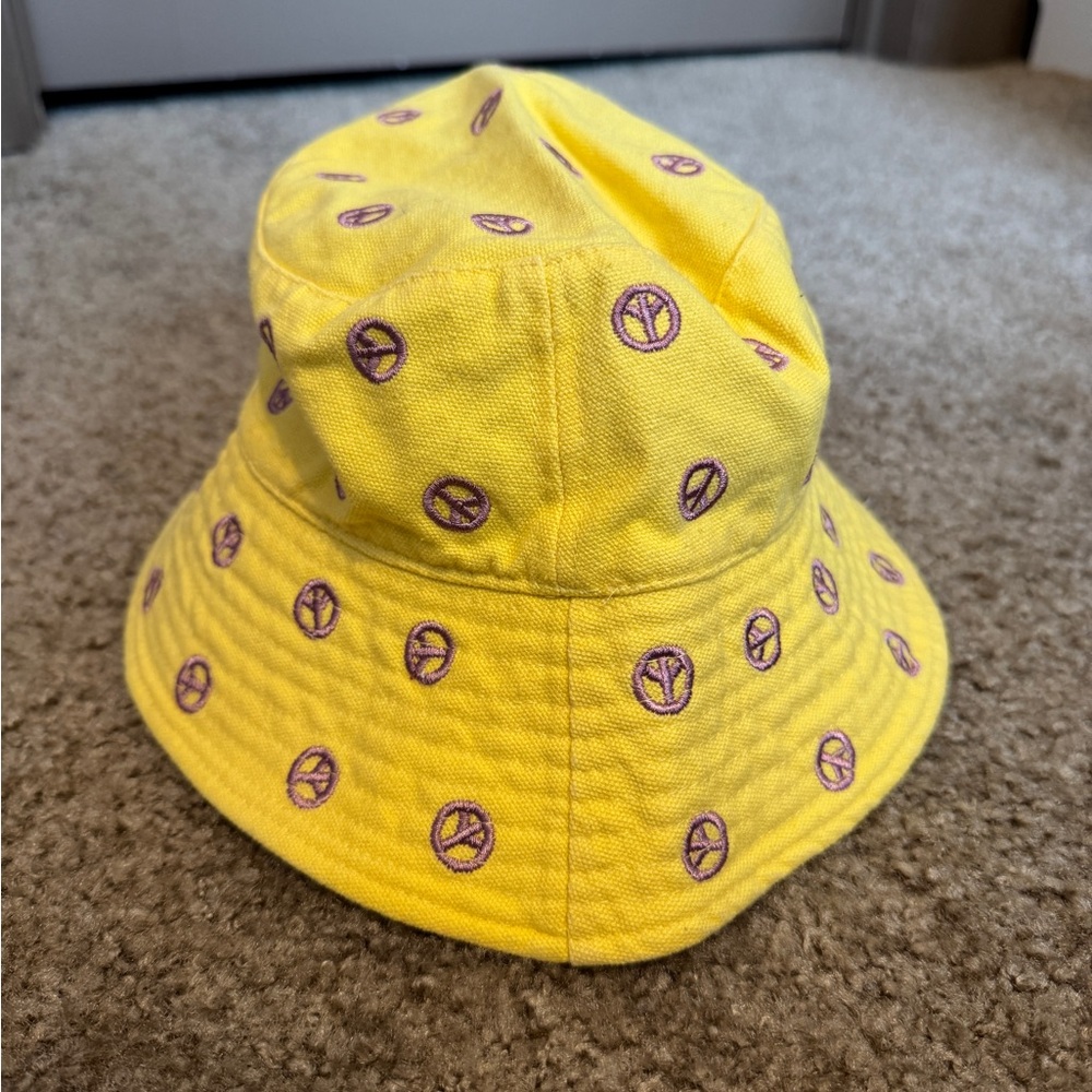 Yellow Bucket Hat with Purple Peace Signs - Picture 2 of 3